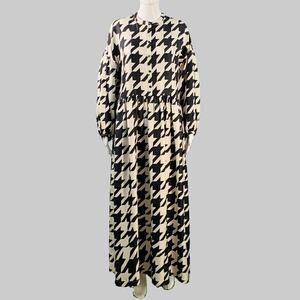 CREATURES of COMFORT Black Beige Silk Twill Houndstooth Collarless A-Line Dress